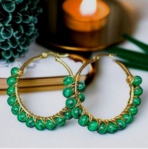 18k Gold Plated Malachite Stone Ball Bead Hoop Earrings